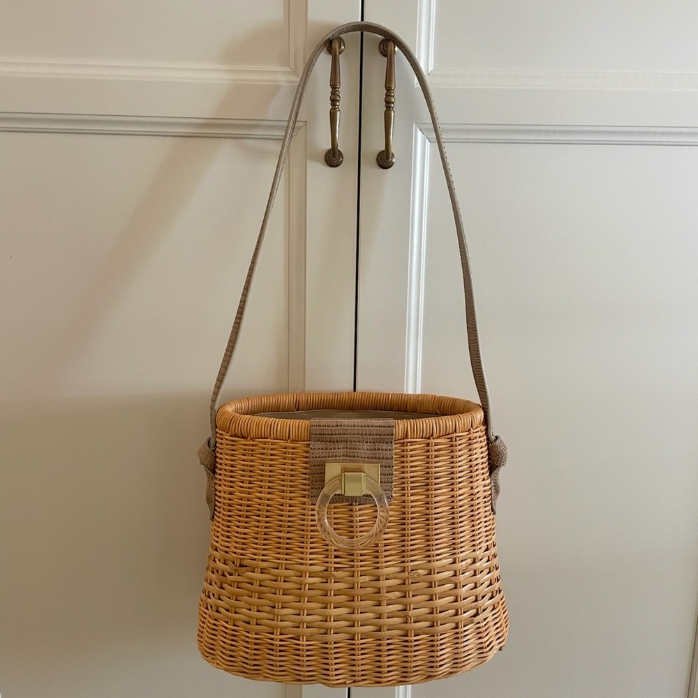 Tan Woven Shoulder Bag with Cylindrical Design